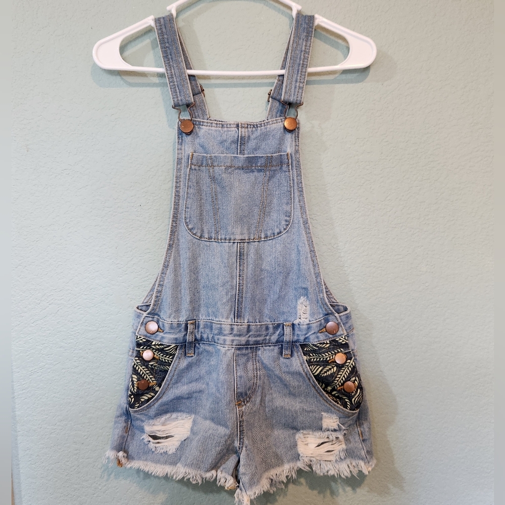 Cotton On Bib Overall Shorts Womens 0 Blue Denim Shortalls Distressed Boho Kids